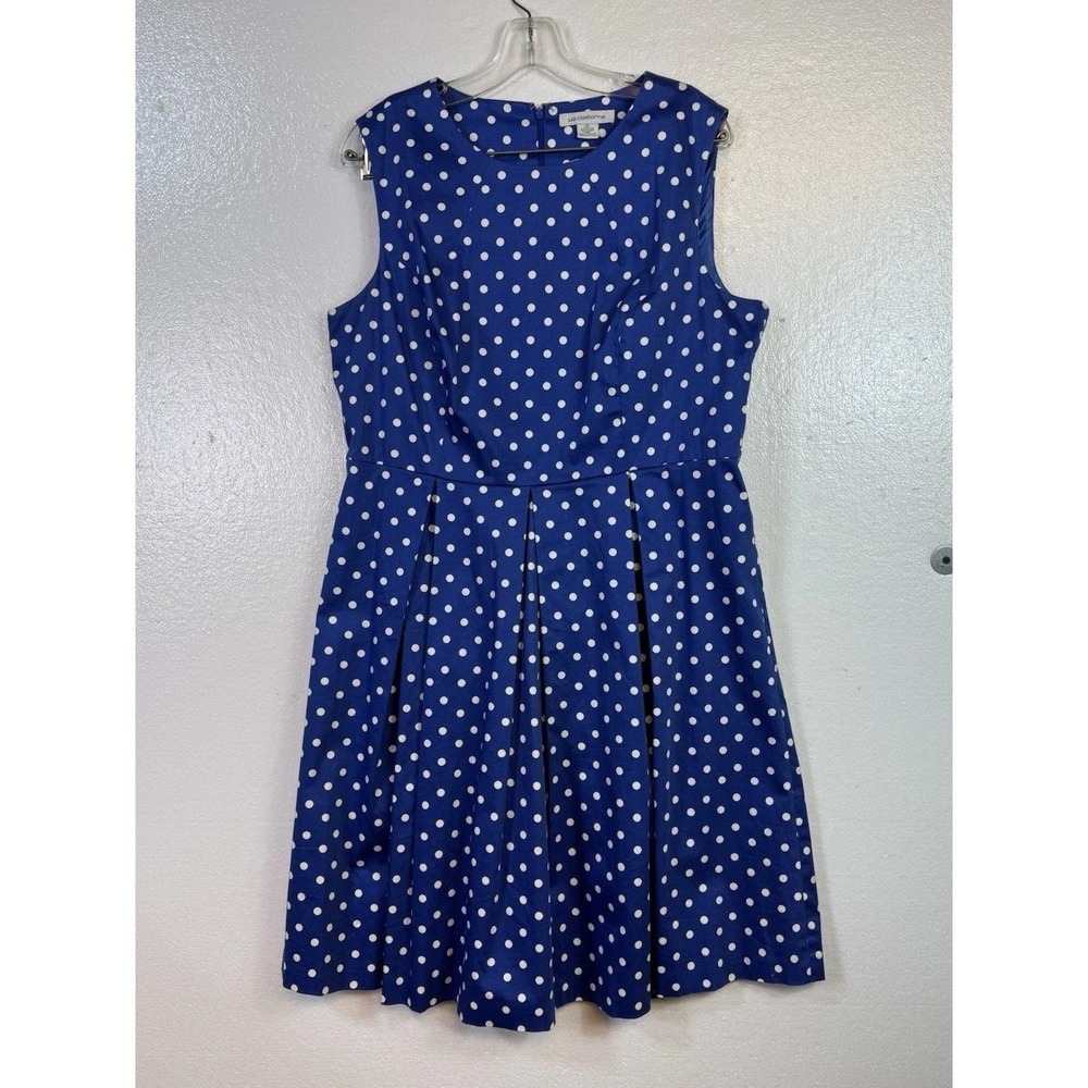LIZ CLAIBORNE Dress Sz 16 Blue White Polka Dot Flair Sleeveless Stretch Cottage